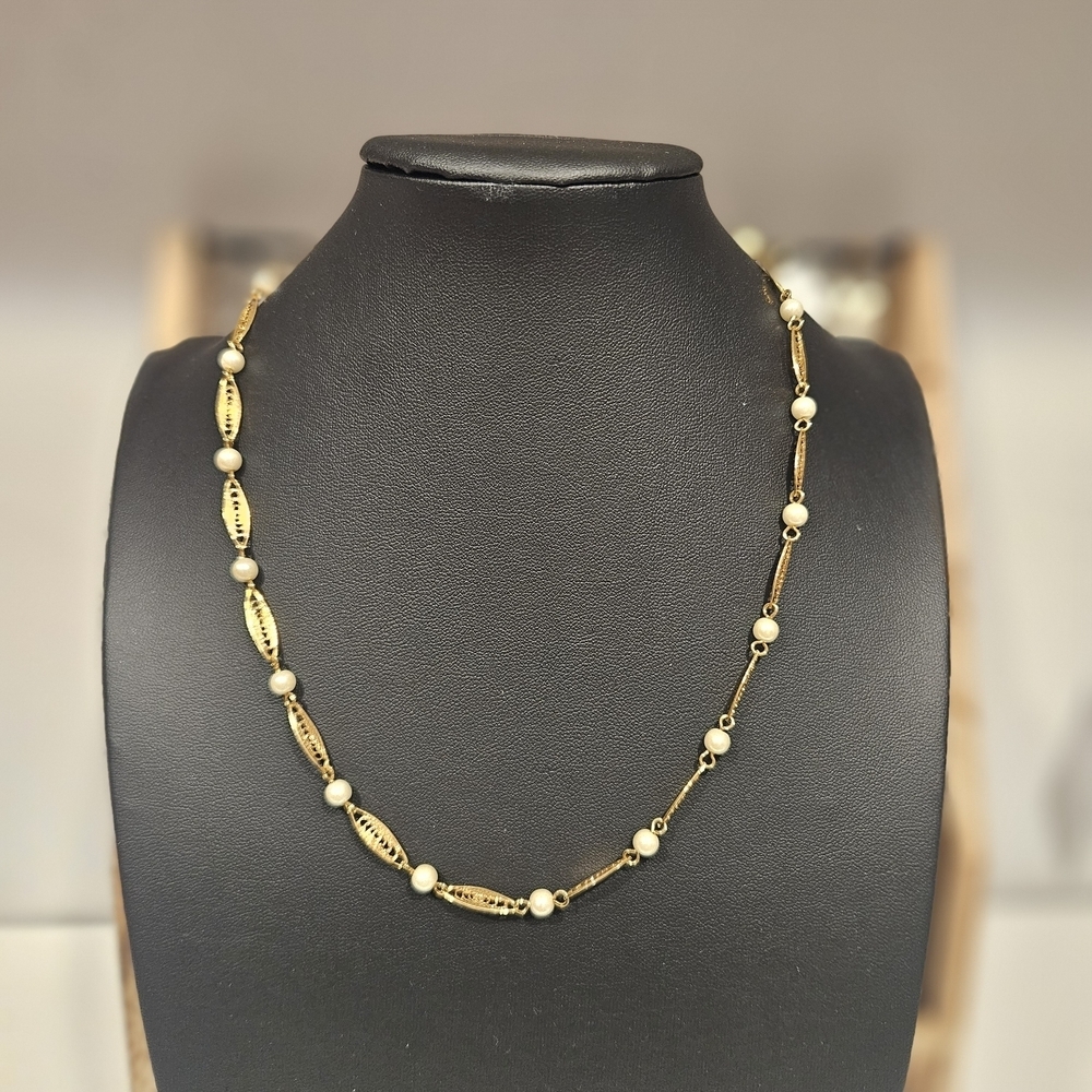 Sarah Coventry Vintage Gold and Faux Pearl Necklace Filigree Scroll 90s Jewelry
